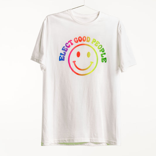 White T-Shirt with Rainbow Smiley